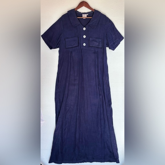 Vintage Dresses & Skirts - VINTAGE CHRISTINE DAMEN 100%‎ Linen Navy Blue Dress Long Maxi Short Sleeve Beach